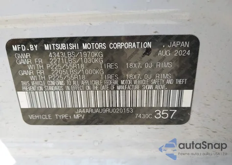 2024 Mitsubishi Outlander Sport 2.0 Es Awc/2.0 Le Awc/2.0 Ralliart Awc/2.0 S Awc/2.0 Se Awc/2.0 Trail Edition Awc/Trail Edition из США, поврежденный, VIN JA4ARUAU9RU020153